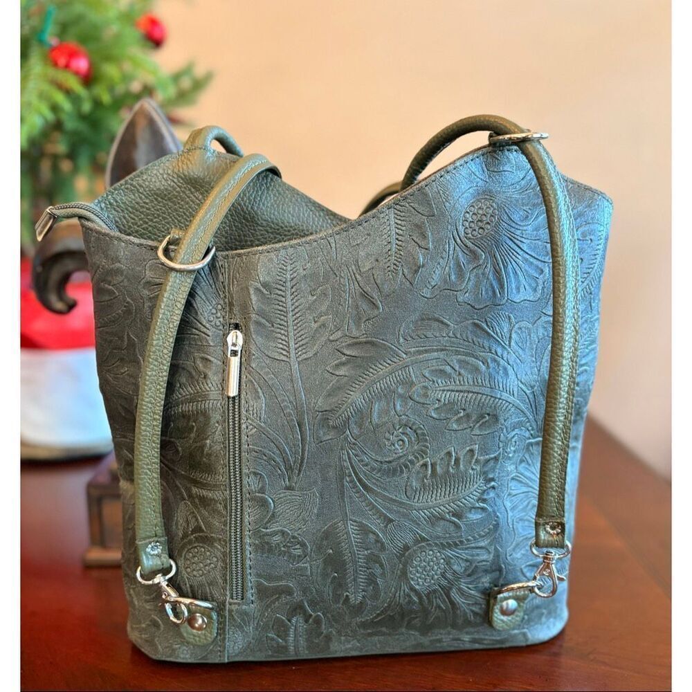SOLO PERCHE - 🎉HP🎉NWOT "Varese" Tooled Leather Shoulder-to-Backpack/Olive Green - Picture 6 of 16